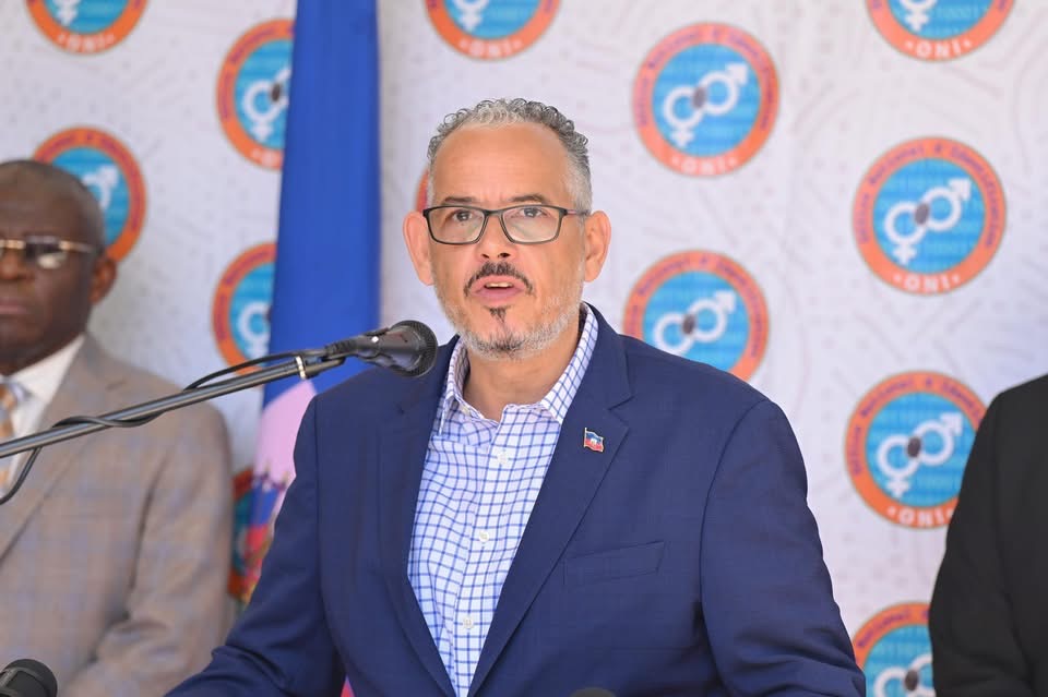 Premier ministre Alix Didier Fils-Aimé lors du lancement du projet « Kat ou la » à l’ONI, Port-au-Prince, Haïti.