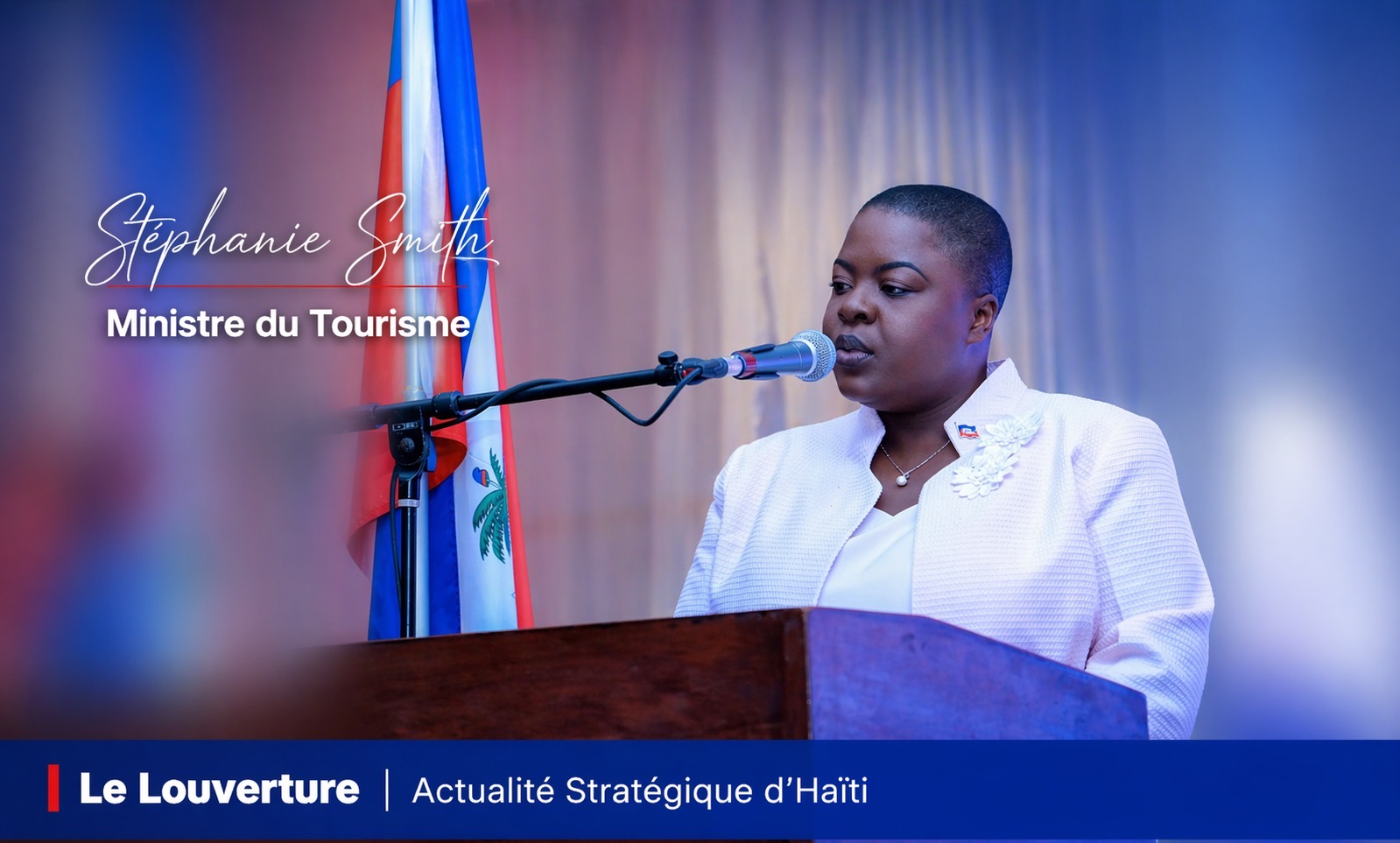 La ministre du Tourisme Stéphanie Smith s'exprime lors de la 15e Journée nationale de la diaspora haïtienne, à Port-au-Prince, le 20 avril 2026.