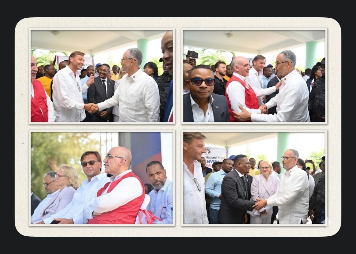 Collage montrant le Premier ministre Alix Didier Fils-Aimé avec les représentants de l’Union européenne, des ambassades de France et d’Espagne