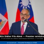 Le Premier ministre Alix Didier Fils-Aimé prend la parole lors de la cérémonie marquant le 70ᵉ anniversaire des relations diplomatiques entre Haïti et Taïwan, organisée par le MAEC en collaboration avec l’ambassade de la République de Chine.
