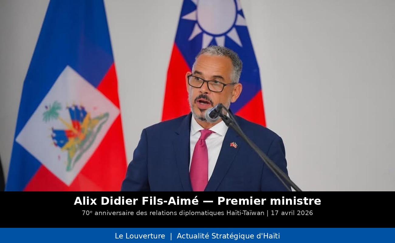 Le Premier ministre Alix Didier Fils-Aimé prend la parole lors de la cérémonie marquant le 70ᵉ anniversaire des relations diplomatiques entre Haïti et Taïwan, organisée par le MAEC en collaboration avec l’ambassade de la République de Chine.