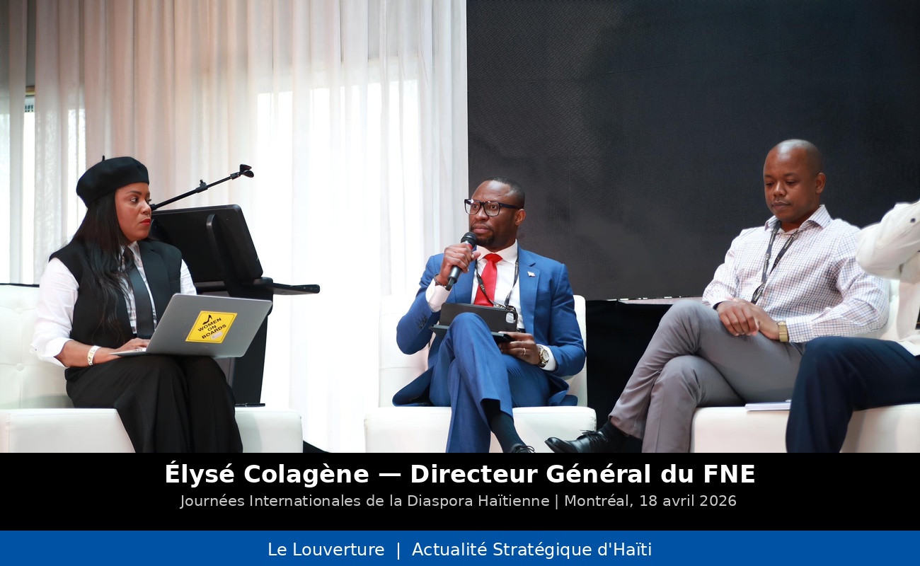 Le directeur général du FNE Élysé Colagène lors de son intervention aux Journées Internationales de la Diaspora Haïtienne à Montréal, plaidant pour une intégration stratégique de la diaspora dans la réforme éducative.