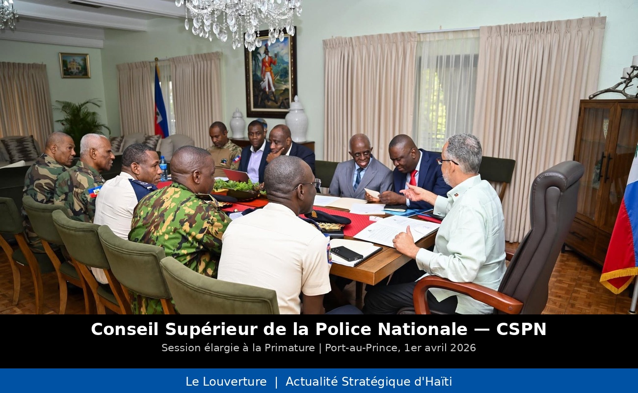 Le Premier ministre Alix Didier Fils-Aimé préside la session élargie du Conseil supérieur de la Police nationale à la Primature, annonçant l’arrivée imminente de la Force de répression des gangs en Haïti.