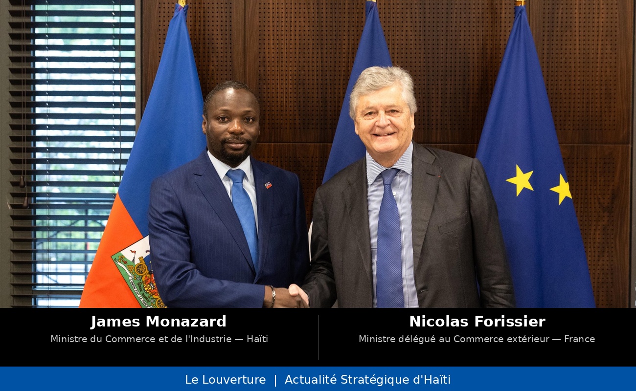 Le ministre du Commerce James Monazard et le ministre délégué français Nicolas Forissier lors de leur rencontre sur le partenariat commercial Haïti-France et la création d’un corridor au sein de Team France Export.