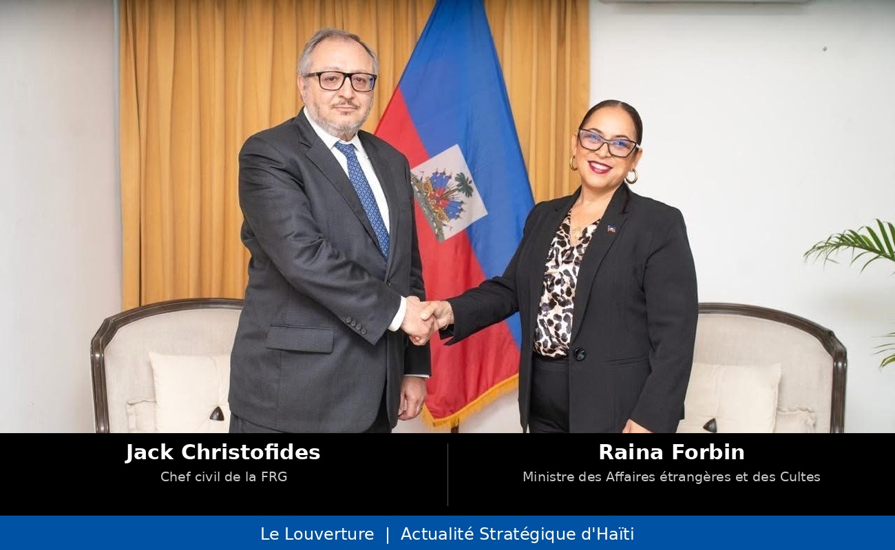 La ministre des Affaires étrangères Raina Forbin en réunion stratégique avec Jack Christofides, chef civil de la FRG, et le général Godfrey Otunge sur le déploiement et la coordination opérationnelle de la force en Haïti.
