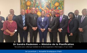 La ministre de la Planification Dr Sandra Paulemon en réunion avec Daniel Best, président de la Banque Caribéenne de Développement, à Washington pour mobiliser des financements en faveur d’Haïti.
