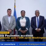 La ministre haïtienne de la Planification Dr Sandra Paulemon et le chef de mission de l’OIM en Haïti Grégoire Goodstein lors de leur rencontre de suivi des engagements pris à Washington, Port-au-Prince, 30 avril 2026.