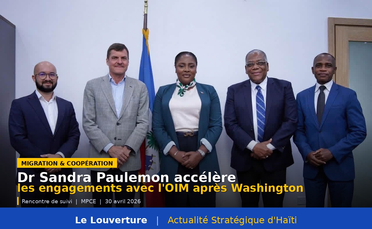 La ministre haïtienne de la Planification Dr Sandra Paulemon et le chef de mission de l’OIM en Haïti Grégoire Goodstein lors de leur rencontre de suivi des engagements pris à Washington, Port-au-Prince, 30 avril 2026.