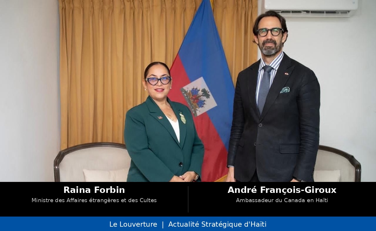 La ministre des Affaires étrangères Raina Forbin aux côtés de l’ambassadeur du Canada en Haïti André François-Giroux lors de leur séance de travail sur la coopération bilatérale. Port-au-Prince, 30 mars 2026.​​​​​​​​​​​​​​​​