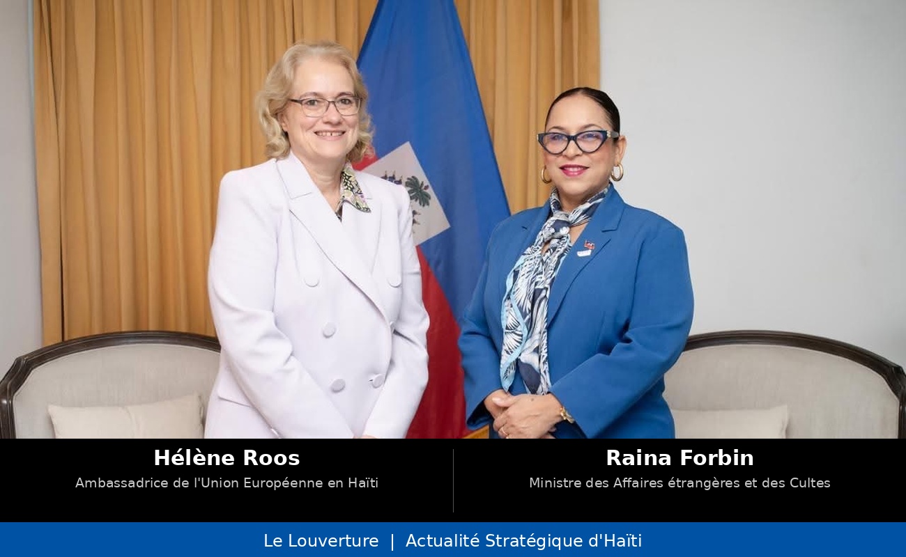 La ministre des Affaires étrangères Raina Forbin en réunion avec l’ambassadrice de l’Union européenne en Haïti Hélène Roos sur le partenariat stratégique et l’initiative Global Gateway.