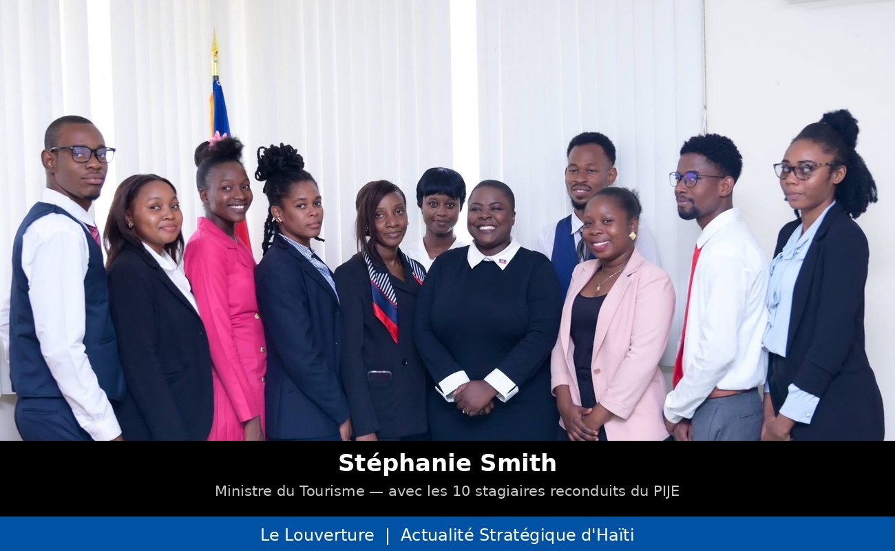 La ministre du Tourisme Stéphanie Smith entourée des dix stagiaires du PIJE reconduits au sein du Ministère du Tourisme lors de la cérémonie à l’École Hôtelière d’Haïti.