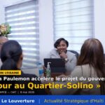Séance de travail au ministère de la Planification et de la Coopération externe d’Haïti. Autour de la table : la ministre Dr Sandra Paulemon, l’ingénieure Pascal Oriol et la secrétaire exécutive du CIAT, Marie Christine Stephenson. Carte du quartier Solino en arrière-plan.