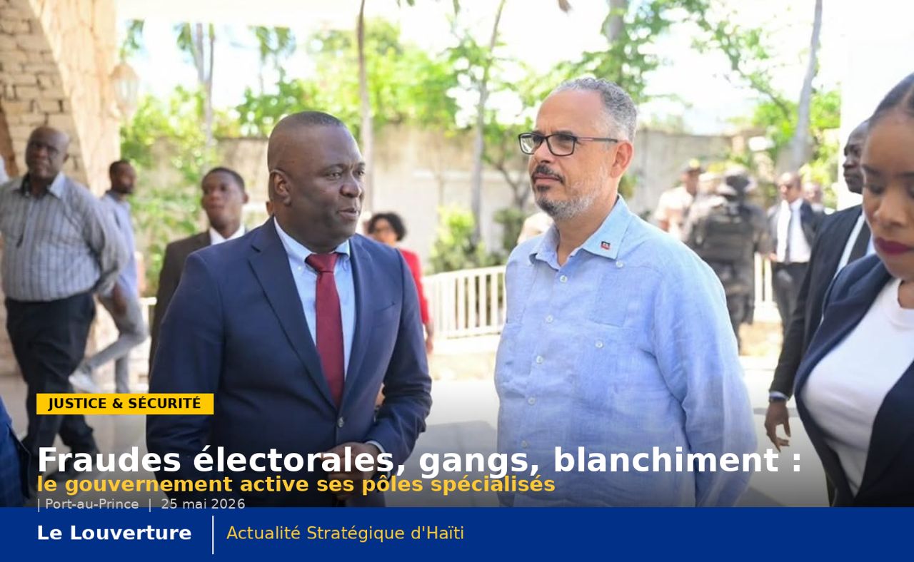 Fraudes électorales, gangs, blanchiment : le gouvernement active ses pôles spécialisés 36 Alix Didier Fils-Aimé inspecte les locaux des futurs pôles judiciaires spécialisés à Port-au-Prince aux côtés du ministre Patrick Pélissier et de responsables judiciaires.