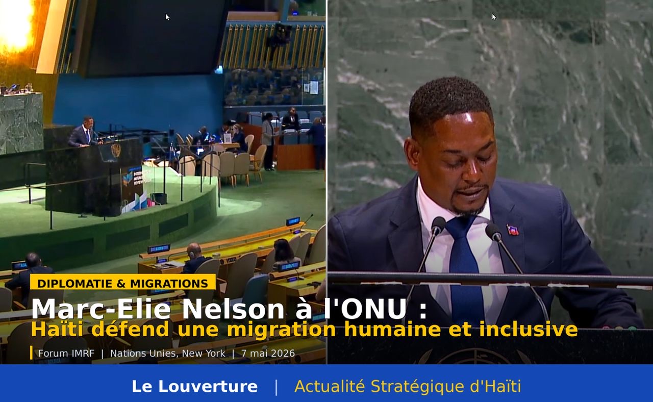 Marc-Elie Nelson, ministre haïtien des Affaires sociales et du Travail, debout à la tribune de l'ONU face aux drapeaux des États membres, prononçant un discours sur la migration humaine et inclusive lors du IMRF 2026 à New York.