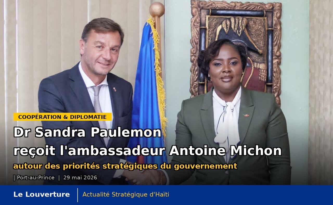 Dr Sandra Paulemon reçoit l’ambassadeur Antoine Michon autour des priorités stratégiques du gouvernement 7 Réunion entre Dr Sandra Paulemon et l’ambassadeur Antoine Michon sur la coopération et les projets de développement en Haïti.
