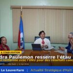 La ministre Dr Sandra Paulemon présidant la séance de travail entre le MPCE et le Système des Nations Unies sur le programme de stabilisation et de relance économique, en présence du Directeur général Guy Roméo Latry et de la Coordonnatrice résidente Nicole Kouassi, le 4 mai 2026.