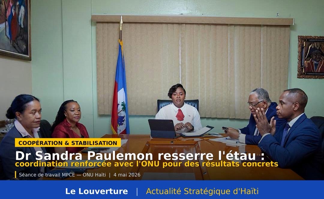 La ministre Dr Sandra Paulemon présidant la séance de travail entre le MPCE et le Système des Nations Unies sur le programme de stabilisation et de relance économique, en présence du Directeur général Guy Roméo Latry et de la Coordonnatrice résidente Nicole Kouassi, le 4 mai 2026.