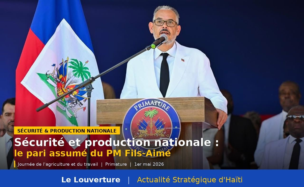 Le Premier ministre haïtien Alix Didier Fils-Aimé lors de la cérémonie de la Journée nationale de l’agriculture et du travail dans les jardins du Palais national, Port-au-Prince, 1er mai 2026.