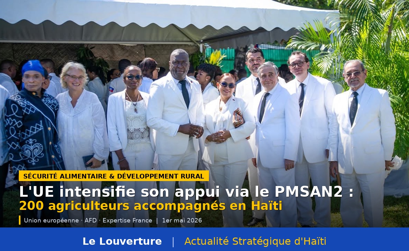 Représentants de l'Union européenne, de l'AFD et des autorités haïtiennes réunis lors de la Journée de l'Agriculture et du Travail, dans le cadre du Programme Multisectoriel de Sécurité Alimentaire et Nutritionnelle PMSAN2, le 1er mai 2026.