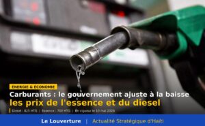 Panneau des prix à une pompe en Haïti : diesel 825 gourdes, essence 700 gourdes le gallon, 10 mai 2026