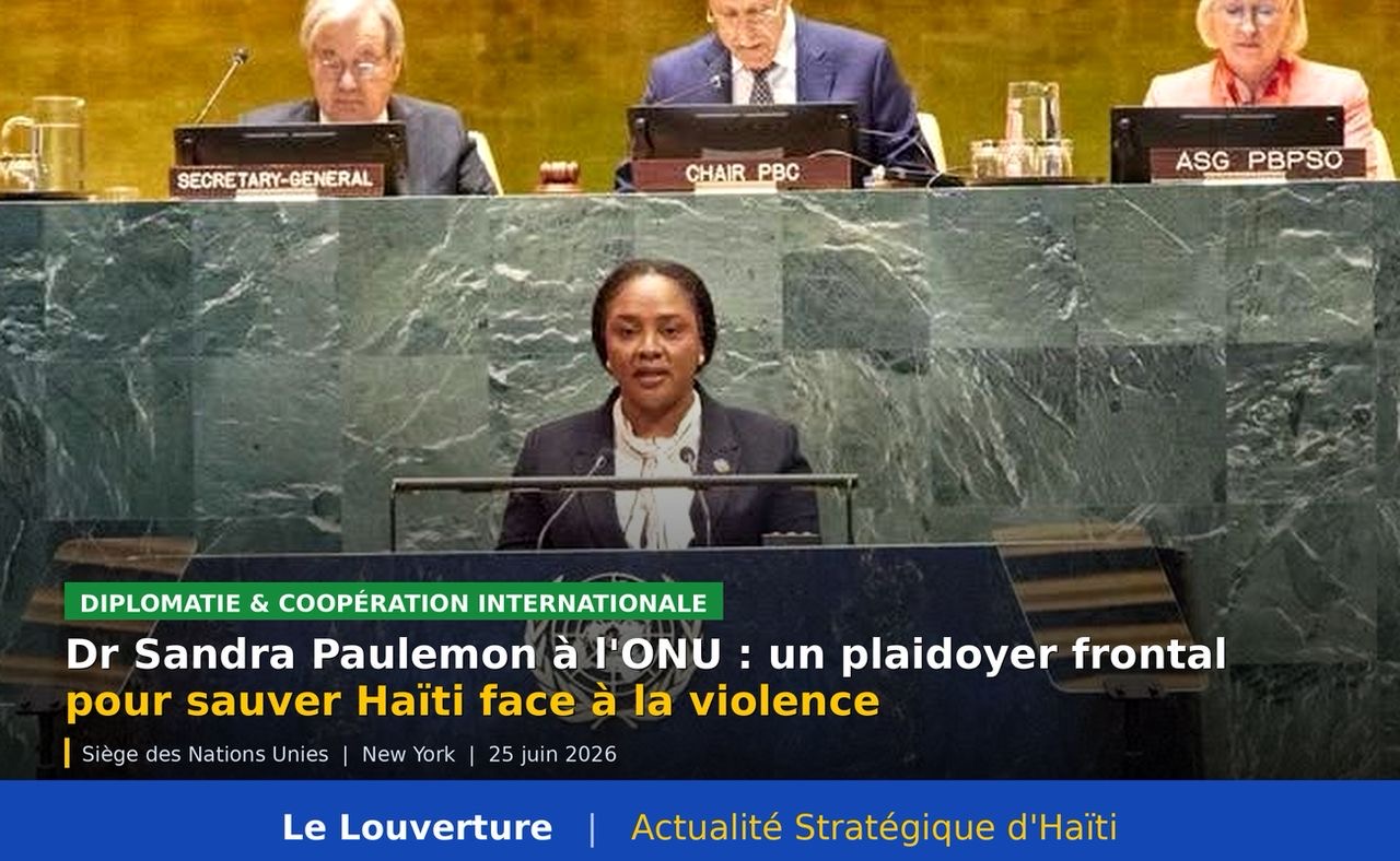 La ministre haïtienne Dr Sandra Paulemon s’exprimant à la tribune de l’ONU à New York, devant la Commission de consolidation de la paix, portant un message sur la paix et la stabilité en Haïti.