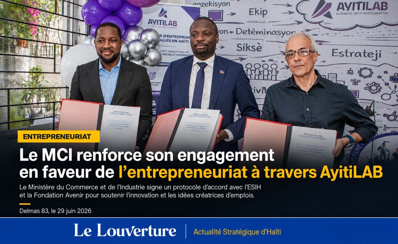 Le MCI renforce son engagement en faveur de l’entrepreneuriat à travers AyitiLAB 39 Signature d’un protocole d’accord entre le Ministère du Commerce et de l’Industrie, l’ESIH et la Fondation Avenir lors du lancement d’AyitiLAB à Delmas 83, en présence des autorités et partenaires.