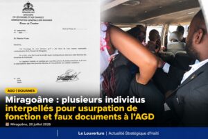 Miragoâne : plusieurs individus interpellés pour usurpation de fonction et faux documents à l’AGD 19 Des individus soupçonnés d’usurpation de fonction et d’usage de faux interpellés à Miragoâne dans une affaire impliquant l’Administration générale des douanes.