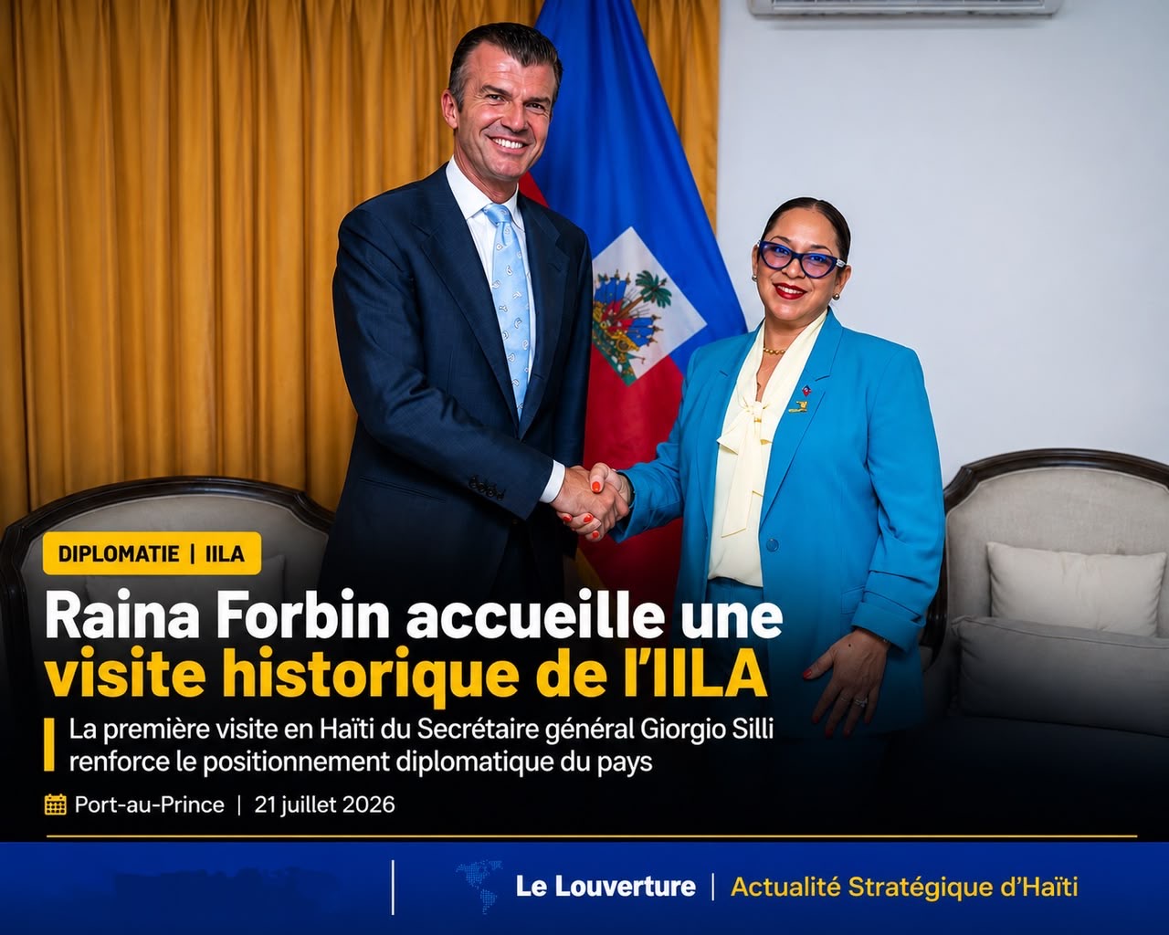 La ministre des Affaires étrangères et des Cultes, Raina Forbin, accueille le Secrétaire général de l’IILA, Giorgio Silli, lors de sa visite officielle en Haïti.