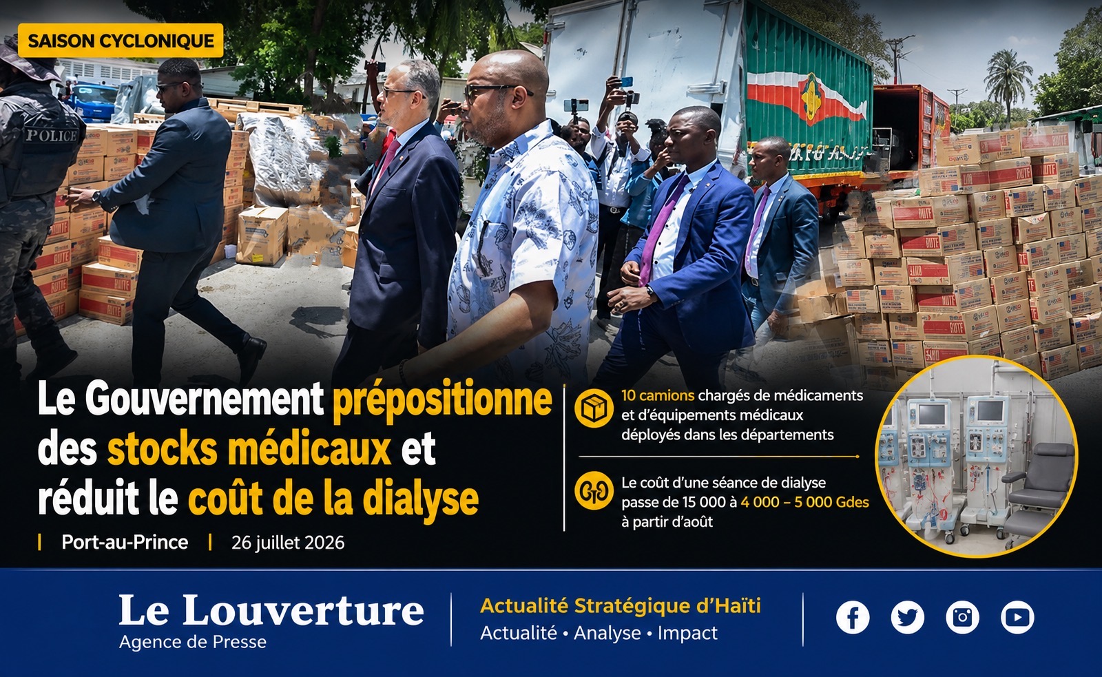 Le Premier ministre Alix Didier Fils-Aimé et le ministre de la Santé Sinal Bertrand supervisent le départ de camions transportant des médicaments et du matériel médical à Maïs-Gâté.