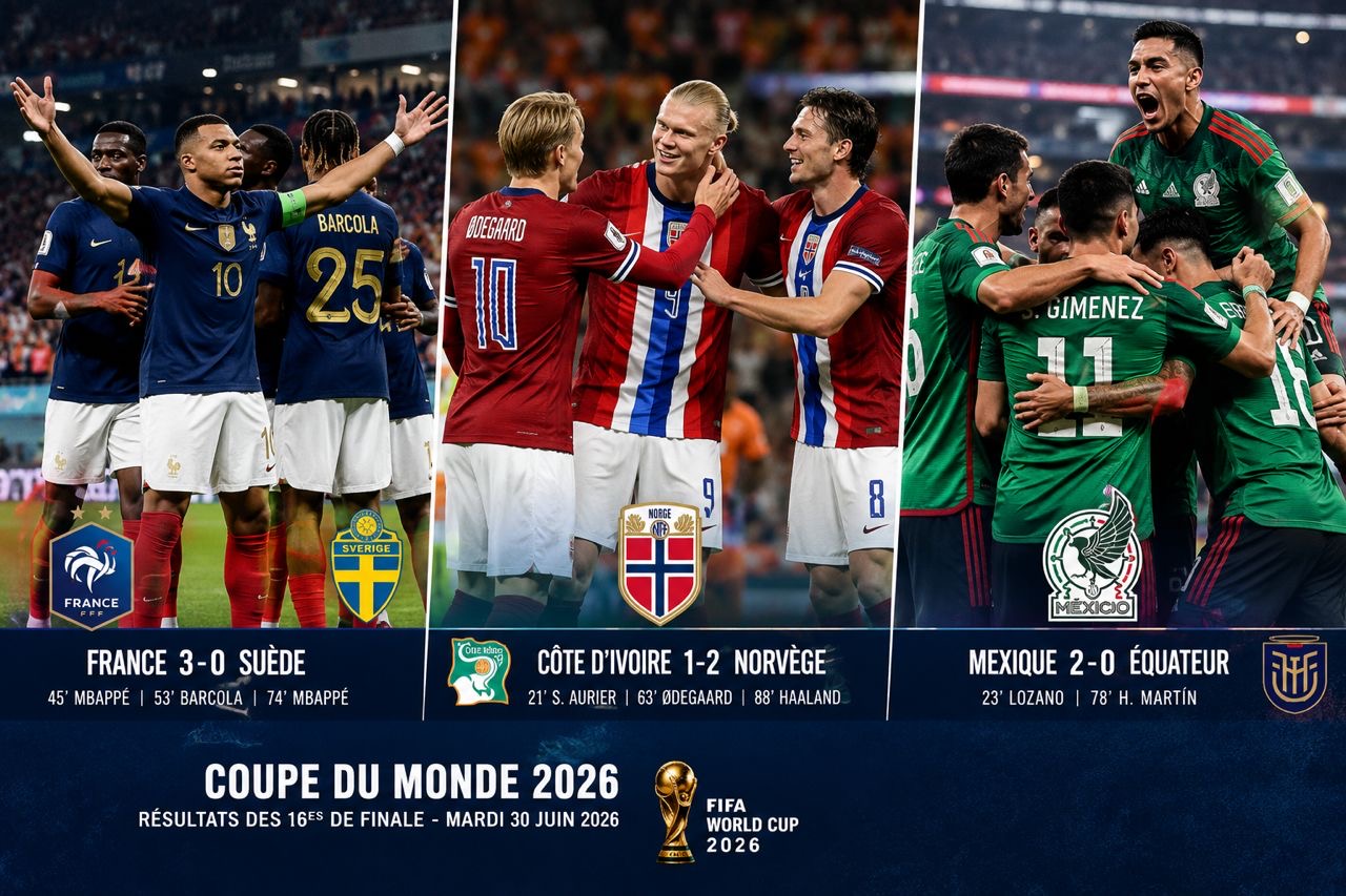 Coupe du monde 2026 : la France, la Norvège et le Mexique valident leur billet pour les huitièmes de finale 38 Collage des équipes de France, de Norvège et du Mexique après leurs victoires en seizièmes de finale de la Coupe du monde 2026, le 30 juin.