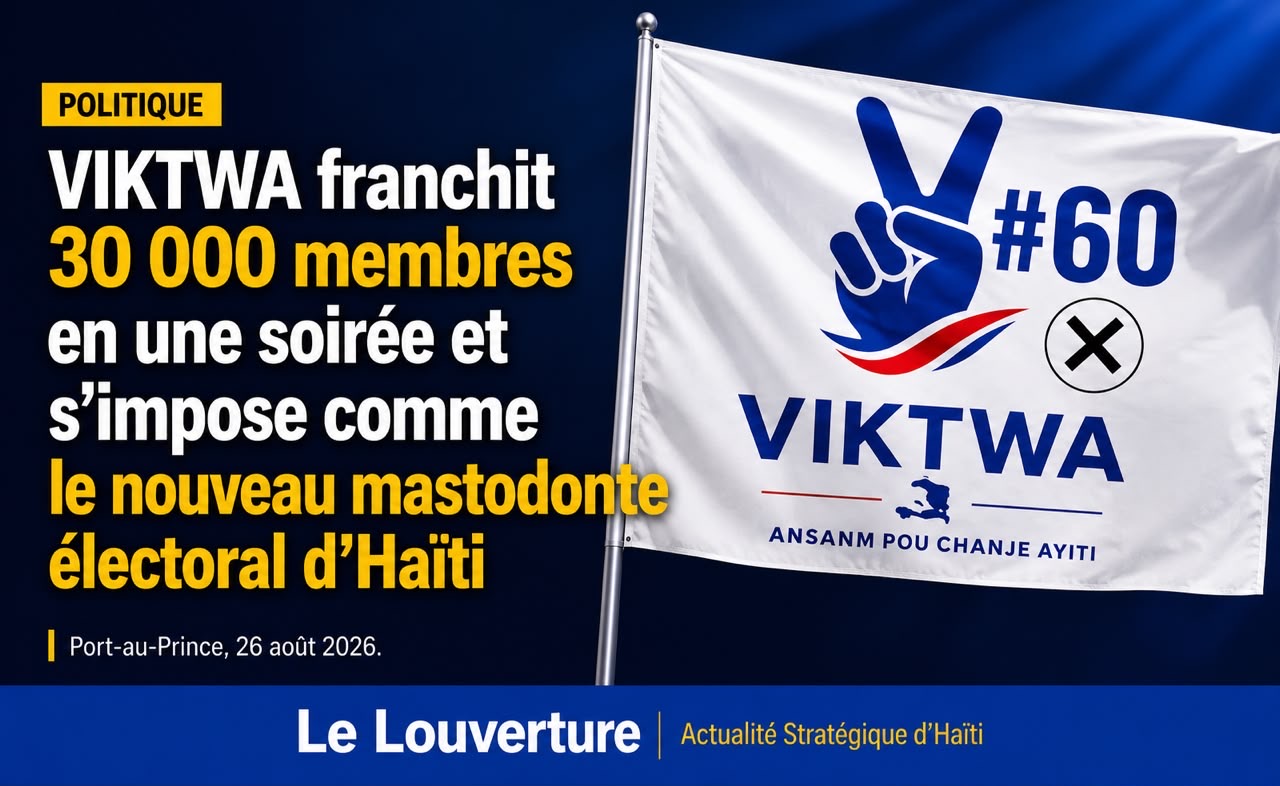 Infographie de VIKTWA présentant les chiffres clés : 30 000 membres franchis en une soirée, 52 partis politiques réunis, 260 000 adhérents en perspective et objectif de 100 000 membres.