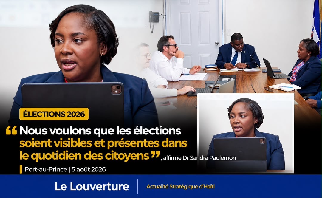 La ministre de la Planification et de la Coopération externe, Dr Sandra Paulemon, lors de la réunion du Comité de pilotage du Projet d'appui au processus électoral à Port-au-Prince le 5 août 2026