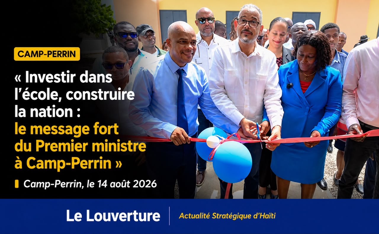 Le Premier ministre Alix Didier Fils-Aimé et le Ministre de l'Éducation Vijonet Déméro coupent le ruban inaugural des travaux de réaménagement de l'EFACAP de Mersan, à Camp-Perrin, le 14 août 2026.