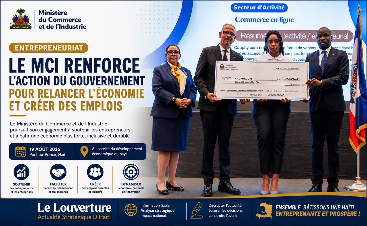 Entrepreneuriat : le MCI renforce l’action du Gouvernement pour relancer l’économie et créer des emplois 35 Le Premier ministre Alix Didier Fils-Aimé et des membres du Gouvernement participent à la cérémonie de remise de chèques aux bénéficiaires des programmes d’appui à l’entrepreneuriat du MCI, le 19 août 2026 à Port-au-Prince.