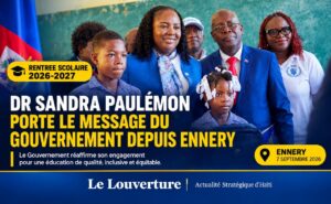 Rentrée scolaire 2026-2027 : Dr Sandra Paulémon porte le message du Gouvernement depuis Ennery 19 Dr Sandra Paulémon lors du lancement officiel de l’année scolaire 2026-2027 à Ennery.
