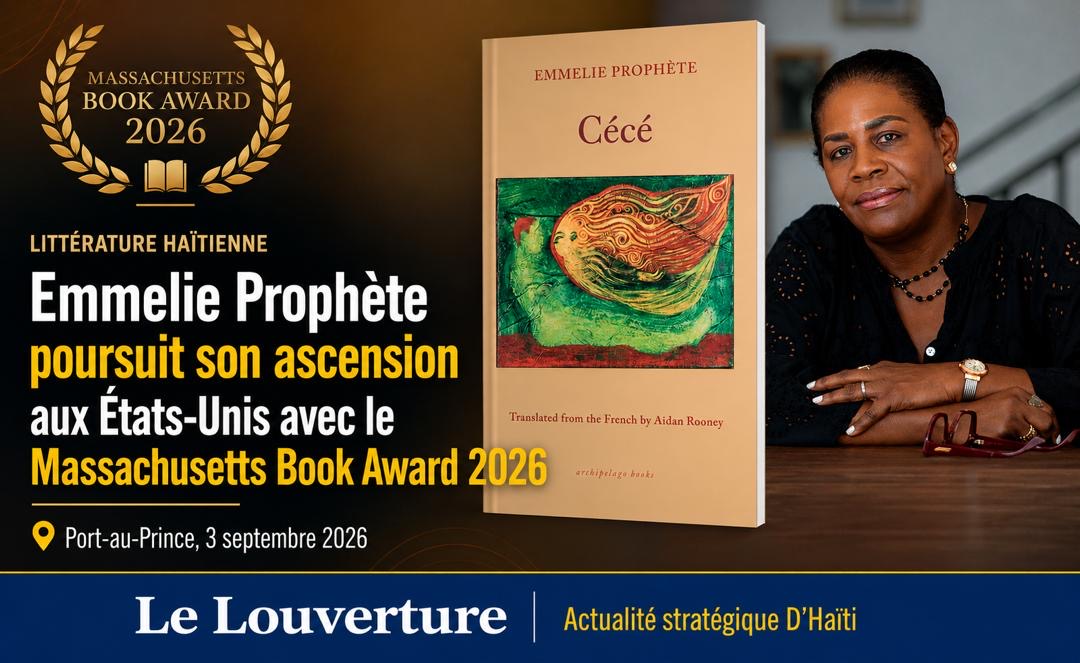 Emmelie Prophète poursuit son ascension aux États-Unis avec le Massachusetts Book Award 2026 33 Couverture du roman Cécé d'Emmelie Prophète, édition Archipelago Books, avec le sceau du Massachusetts Book Award 2026