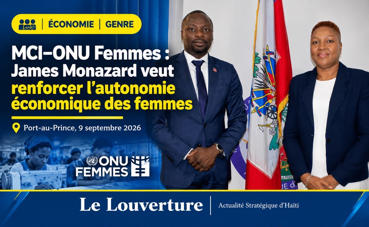 James Monazard échangeant avec la représentante d’ONU Femmes en Haïti.