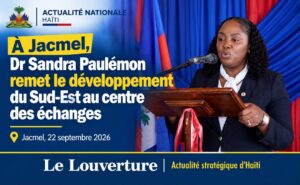 La ministre de la Planification et de la Coopération externe, Sandra Paulémon, lors de la relance de la Table départementale de concertation du Sud-Est à Jacmel.