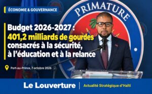 Le ministre de l'Économie et des Finances Serge Gabriel Collin présentant le budget 2026-2027 à la Villa d'Accueil.