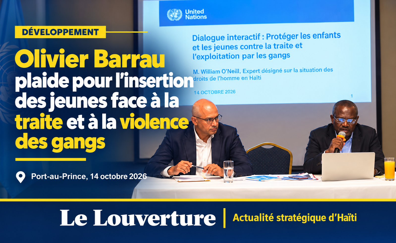 Olivier Barrau plaide pour l’insertion des jeunes face à la traite et à la violence des gangs 17 Olivier Barrau lors du dialogue interactif sur la protection des enfants et des jeunes contre la traite et l'exploitation par les gangs.
