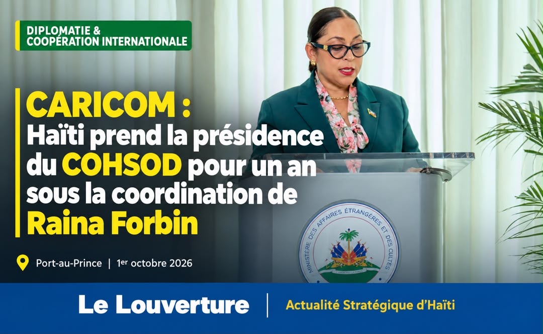La ministre Raina Forbin assurant la présidence haïtienne du COHSOD de la CARICOM.