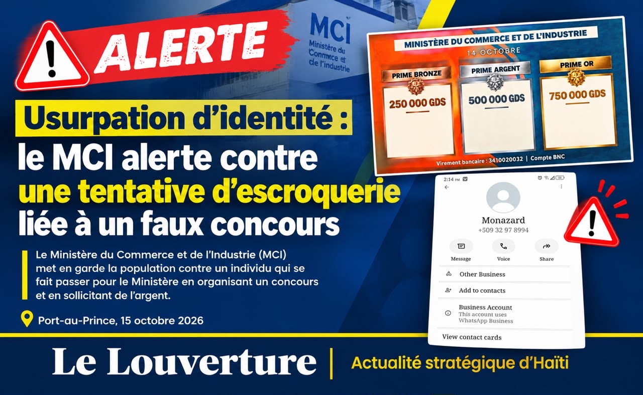Note d'alerte du Ministère du Commerce et de l'Industrie contre une tentative d'escroquerie.