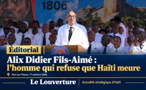 Le Premier ministre Alix Didier Fils-Aimé prononçant son discours au Palais national le 17 octobre 2026.